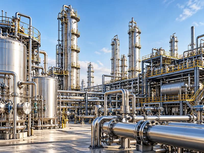 Chemical plant pipework and columns at golden hour