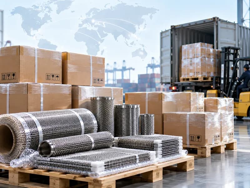 Packaged mesh rolls and filter elements loaded for export