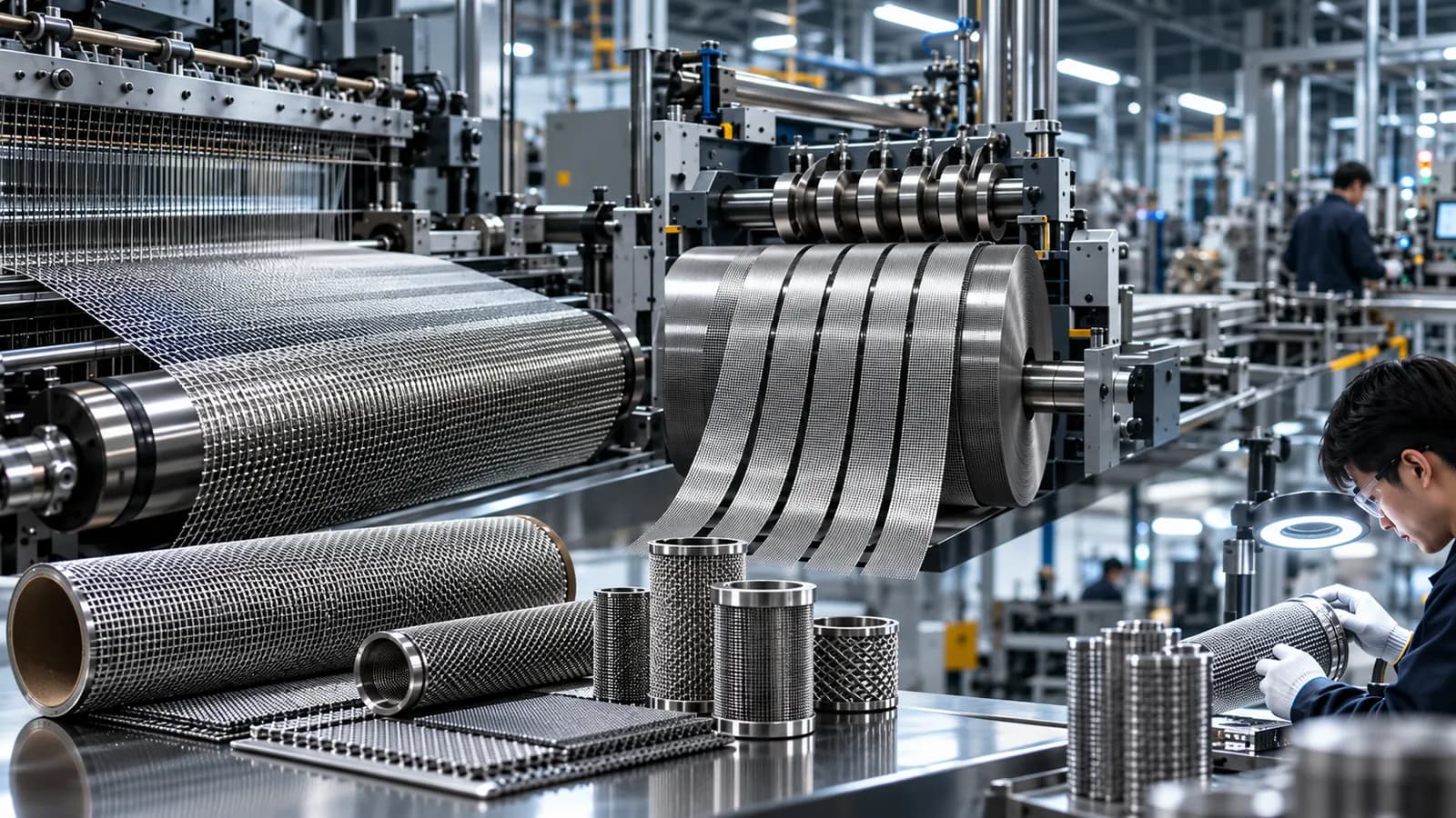 Mesh weaving, slitting and finished filter elements on a BVK production floor