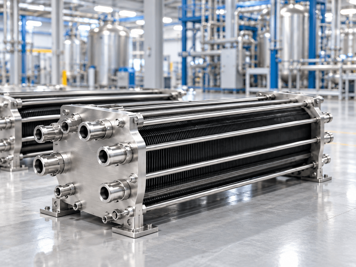 Illustration: Precision electrolyser assemblies on a hydrogen plant production line