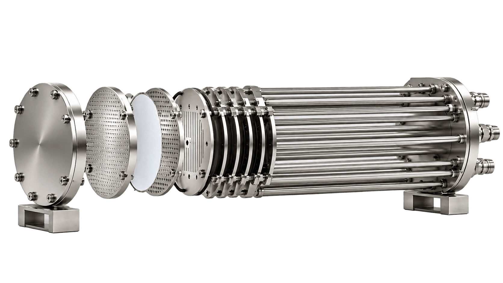 Exploded electrolyser stack: end plate, membrane, perforated plates, bipolar plates, gaskets and tie rods
